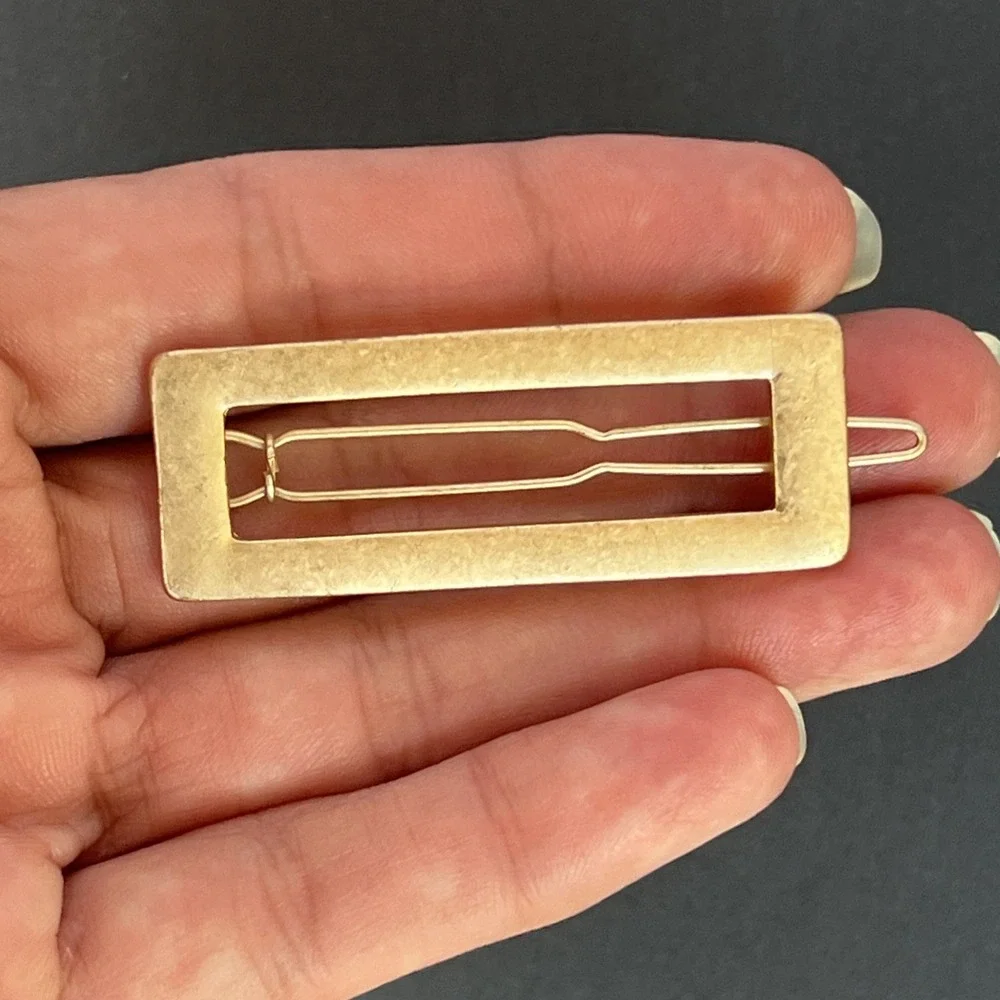 VTG Gold Tone Hair Barrette Rectangle Pop-On Button Latch Clip 1950s 1960s